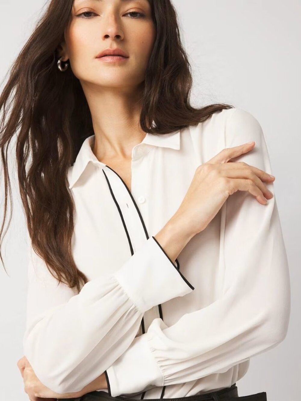 WHBM Soft Shirt - white blouse with black piping